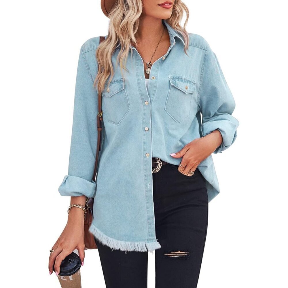 Women Chambray Collared Long Sleeve Pocket Button Down Jean Shirts